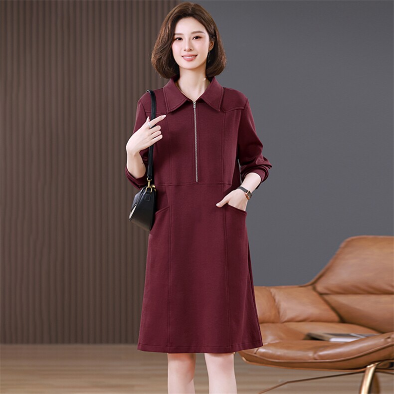 长袖连衣裙女2025年春装新款宽松休闲中年妈妈翻领中长款卫衣裙子，女装连衣裙，希欧阁