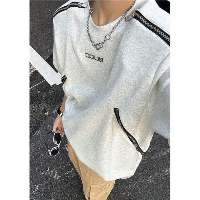美式金属拉链boxy廓形短袖男夏季cleanfit小领口高级感半截袖卫衣,男装T恤,星座1116A（原606A-3）