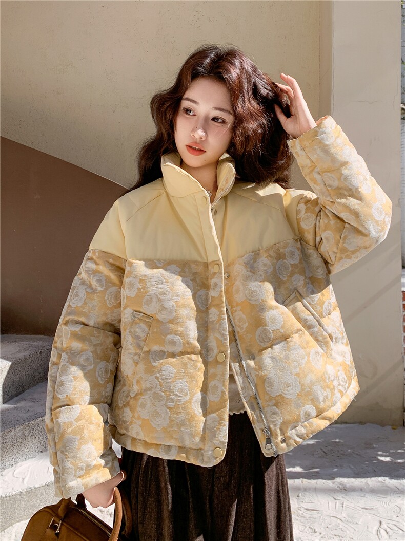 现货新款撞黄色买家秀已更风印花50羽绒2C282-995P245K388,女装羽绒服,2C282
