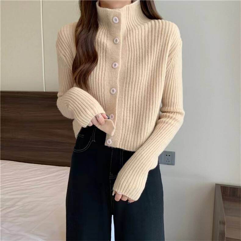 秋季新款高领显瘦百搭时尚羊毛针织开衫女宽松长袖外套上衣,女装羊毛衫,恒恩羊绒