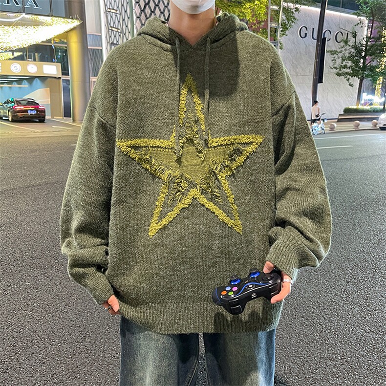 港风秋款男连帽毛衣针织衫五角星毛巾绣休闲外套M326P60,男装针织衫/毛衣,星座1013-1
