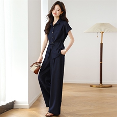 夏季薄款牛仔套装裤女2025新款休闲气质短袖收腰衬衫阔腿裤两件套，女装套装/套裙，婷思杰（原婷想服饰）