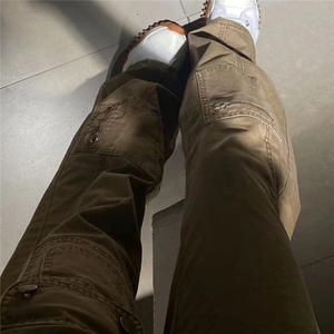 美式复古牛仔裤直筒微喇叭水洗工装裤男女街头多口袋拼接长裤潮牌图片