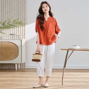 LIGHT MATURE半袖上衣女高端亚麻t恤女宽松短款2025新款白色短袖图片