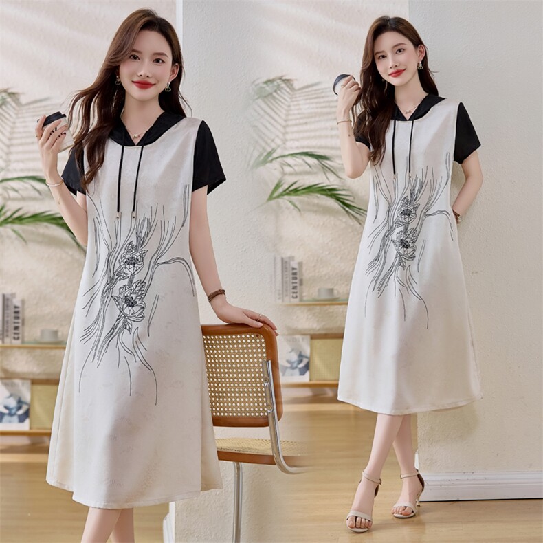 定位花中宽松连衣裙2025夏季减龄中年妈妈感拼接撞色国风遮肉显瘦，女装连衣裙，缘衣格