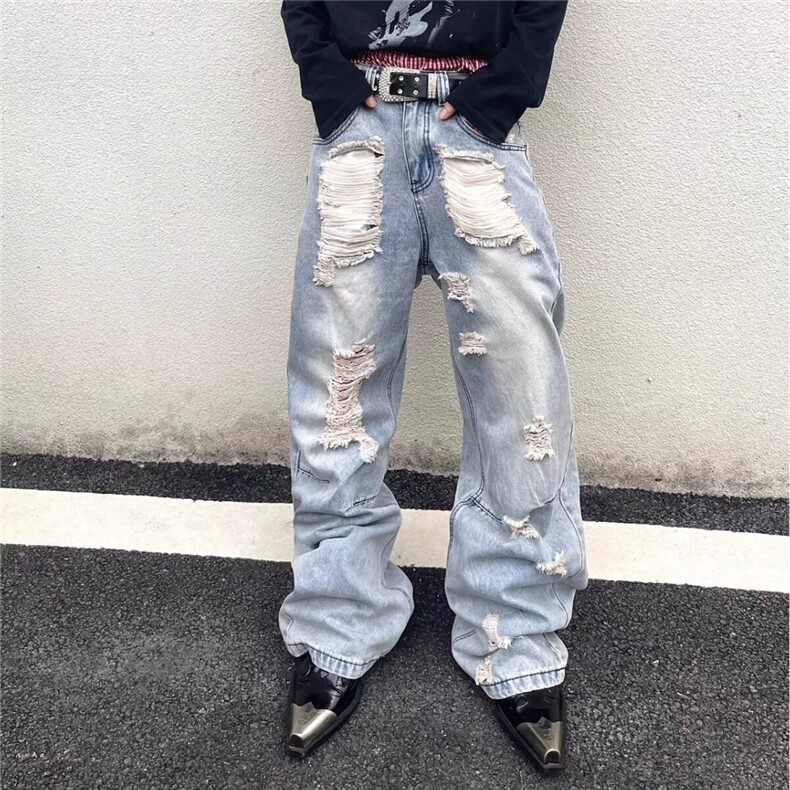 破洞牛仔裤乞丐裤春秋季宽松显瘦直筒低腰水洗做旧阔腿长裤，男装牛仔裤，星座506A