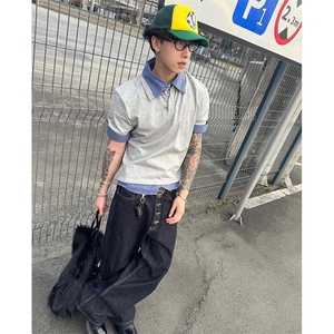 得物抖音高品质二开 夏季美式潮牌高街假两件格子衬衣翻领短袖T恤图片