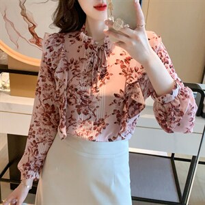 春季新款荷叶边衬衫超仙碎花雪纺衫上衣洋气印花小衫，女装蕾丝衫/雪纺衫，美吧服饰