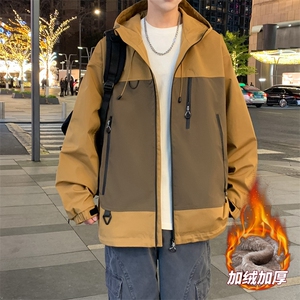 AJ129-P98 冬季加绒加厚连帽冲锋衣防风防水插色拼接棉衣外套图片