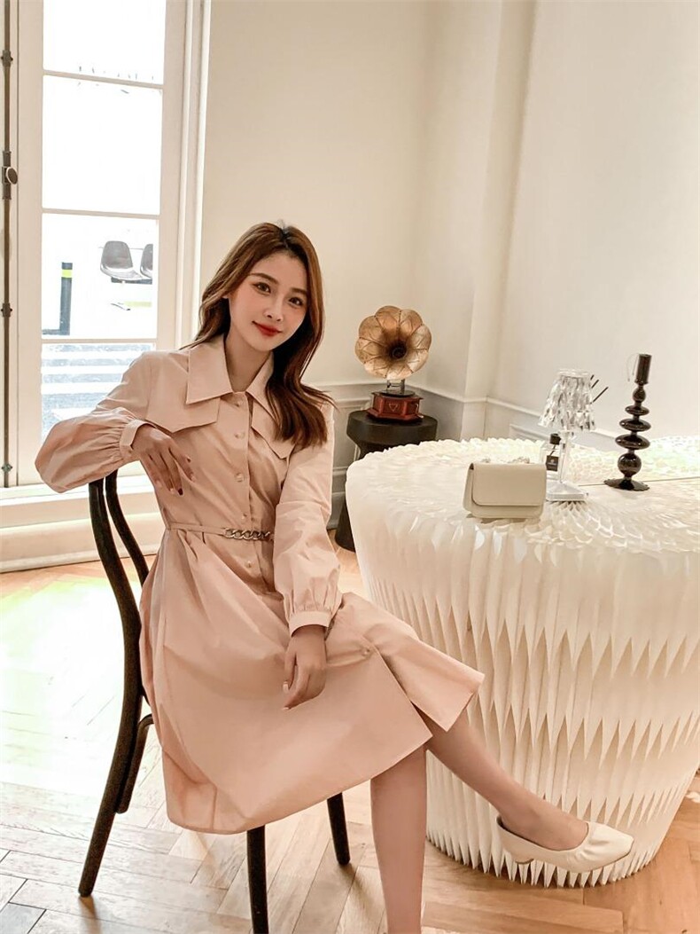 22春季新品复式口袋精致细链条腰带款连衣裙，女装连衣裙，珂妮卡COOZIC