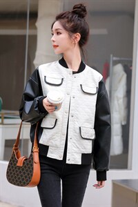 PU皮拼接假两件菱格棒球服女2022秋季新款时尚百搭纯色立领短外套图片