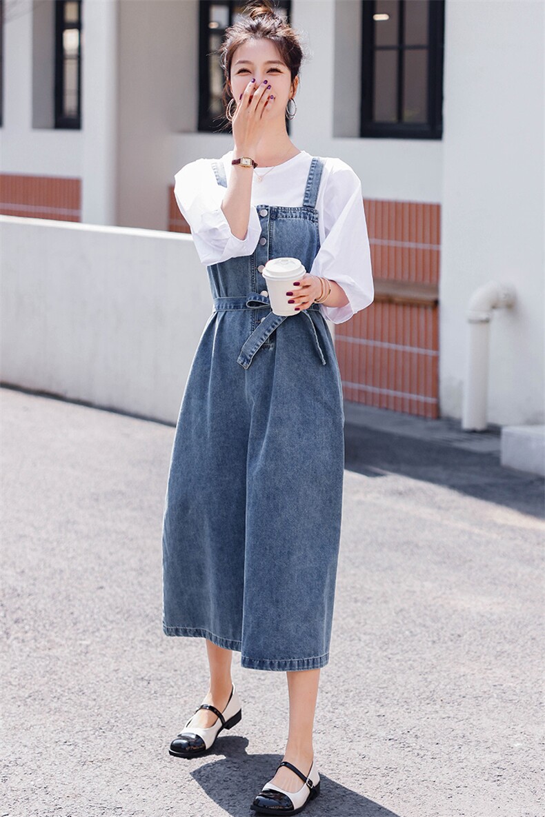 2025年夏季纯色A字裙中腰单排扣宽松甜美田园牛仔背带裙女配腰带,女装牛仔裙,微微衣阁