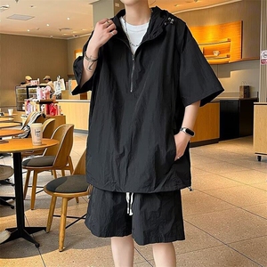工装连帽防晒衣户外骑行运动服短袖男士夏季薄款休闲套装T05图片