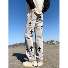毛边牛仔裤男士春季潮牌美式高街宽松直筒潮流设计感补丁长裤子，男装牛仔裤，星座410-7
