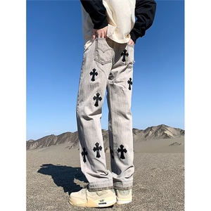 毛边牛仔裤男士春季潮牌美式高街宽松直筒潮流设计感补丁长裤子图片