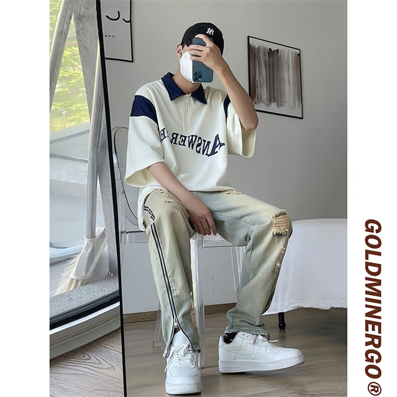 美式高街潮牌侧边拉链牛仔裤宽松直筒休闲破洞vibe裤男N1712-P53,男装牛仔裤,星座1008