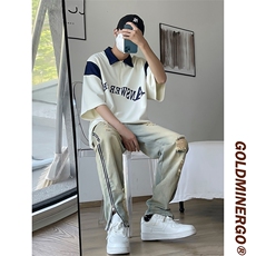 美式高街潮牌侧边拉链牛仔裤宽松直筒休闲破洞vibe裤男N1712-P53，男装牛仔裤，星座1008