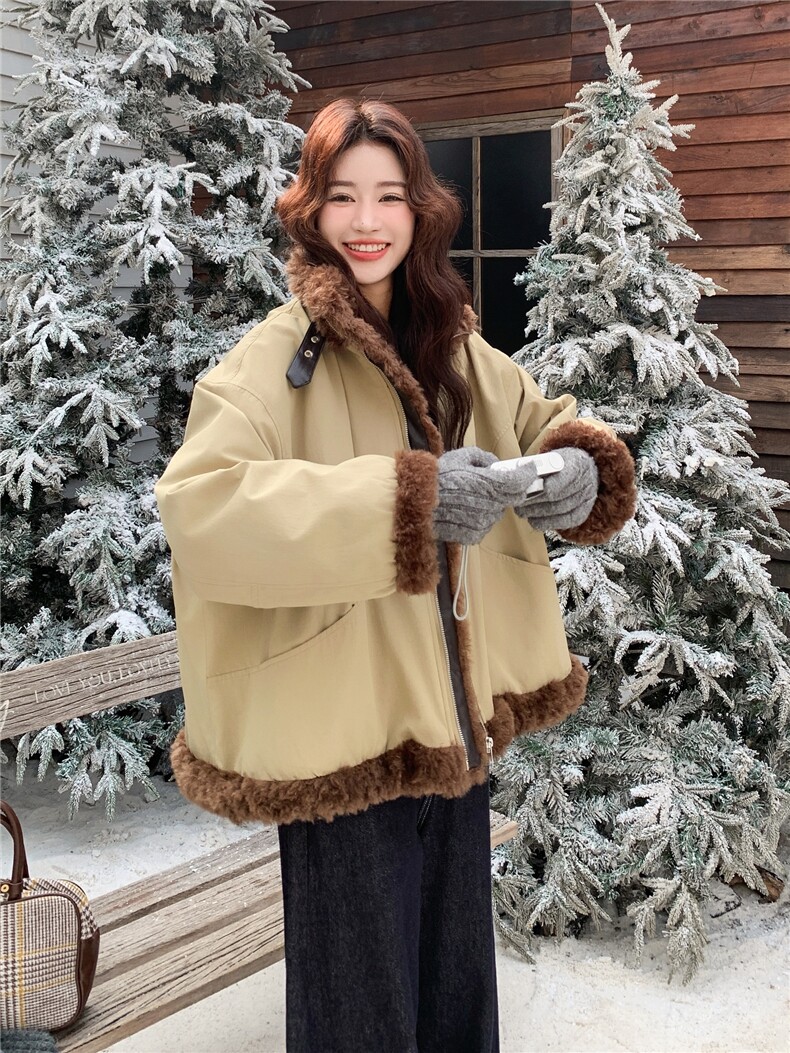 羽绒服女2025冬季新款女装卡其色皮毛一体拼接派克服加厚保暖外套,女装羽绒服,慧尚2-185