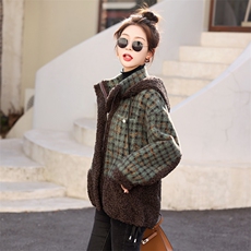 羊羔绒皮毛一体外套女冬2025新款百搭格子加厚今年流行棉衣女大衣，女装棉衣/棉服，意芙