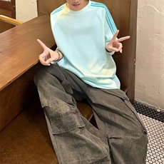 抖音得物品质二开240克宽松纯棉美式潮牌印花三条杠中性风短袖T恤，男装T恤，电商A486-1