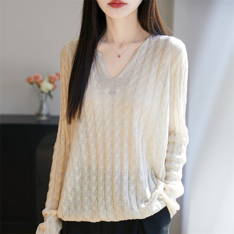 轻薄透气莱赛尔冰丝针织长袖套头T恤女2025新法式微透防晒衣罩衫，女装T恤，东远绒业