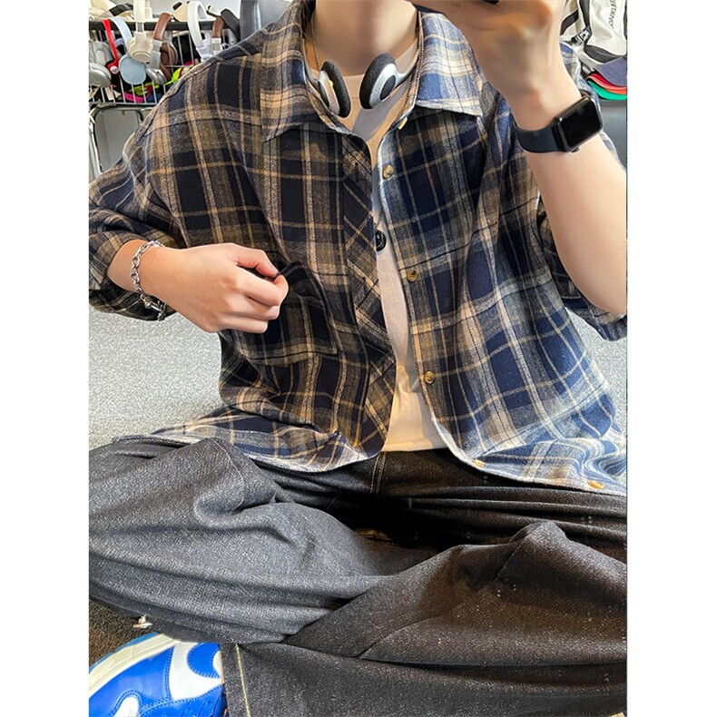 撞色格子短袖衬衫男夏季薄款美式复古学院风潮流百搭宽松半袖衬衣，男装衬衫，电商A007