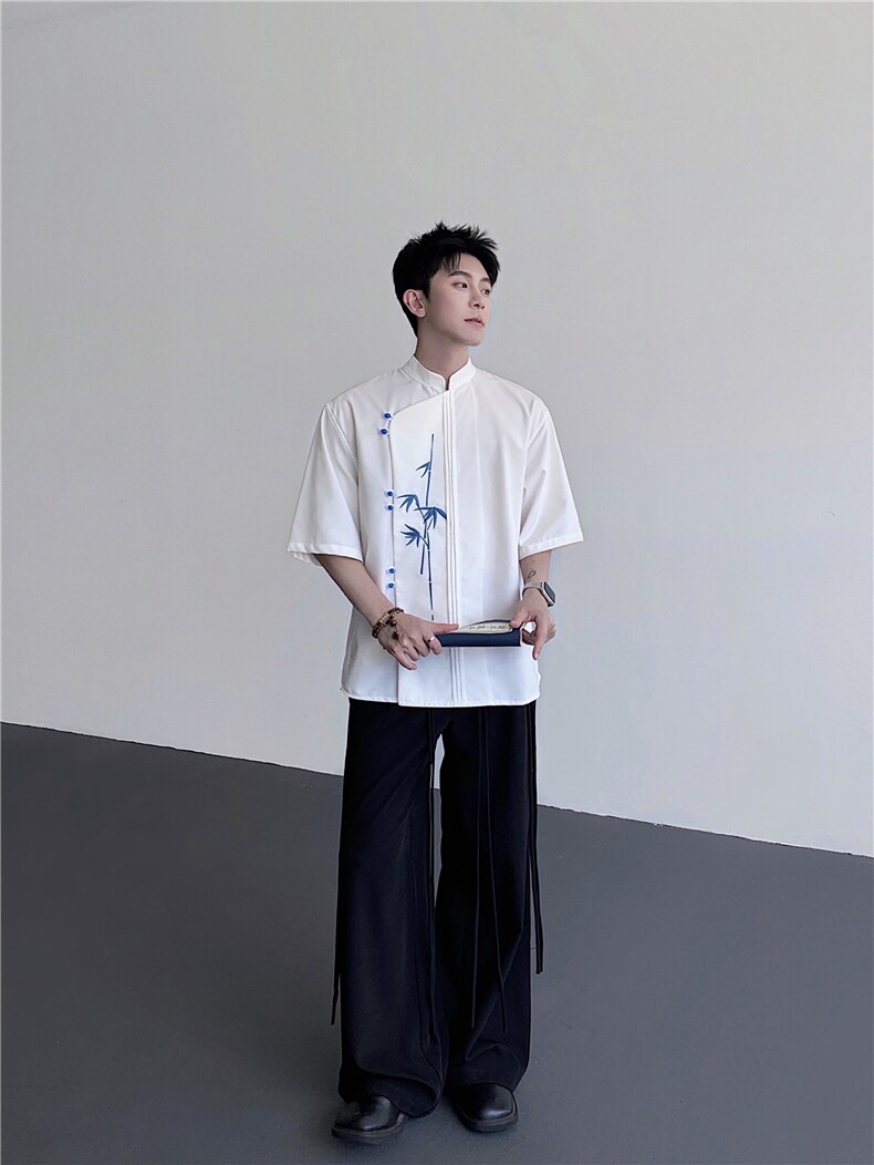 25新中式书生气竹叶刺绣短袖衬衫cs190-p78,男装衬衫,电商B288