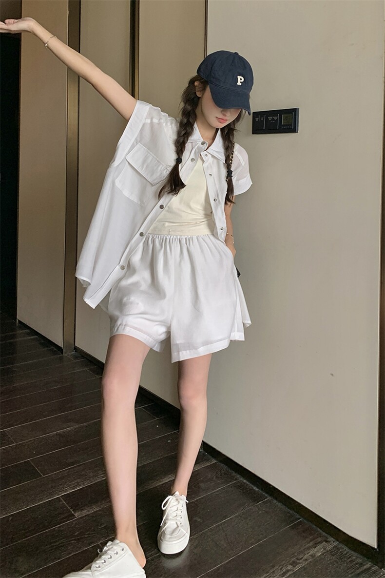 夏装搭配一整套今年流行套装女2024新款薄款防晒衬衫短裤两件套,女装套装/套裙,新思路