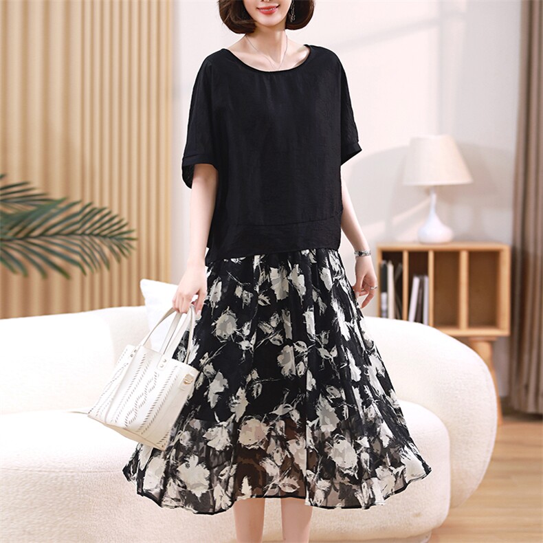 2023夏装新款后背下摆花边蝙蝠衫两件套,女装套装/套裙,梦芯尔