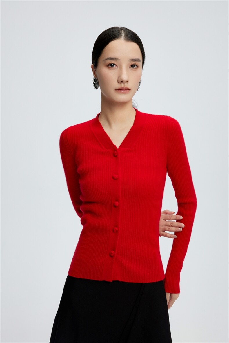 秋冬新款v领女纽扣修身红色开衫上衣针织,针织衫/毛衣,玛卡隆羊绒