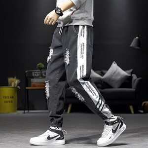 2021春秋季新日系男大码束脚印花撞色拼接九分破洞牛仔裤N8105-P50图片