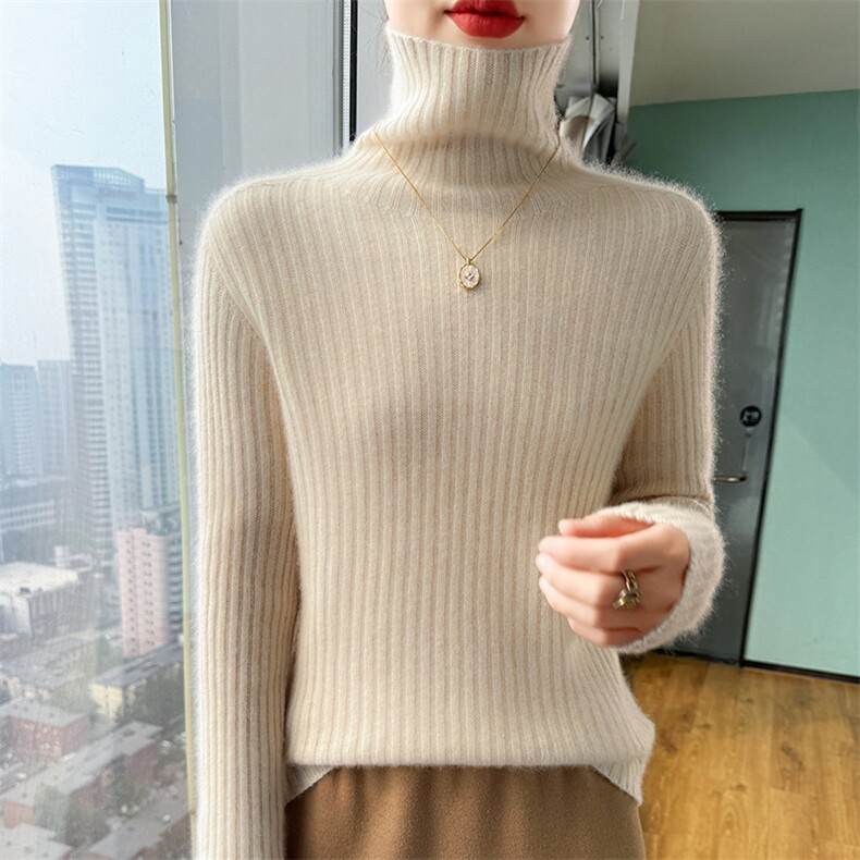 羊毛衫女堆堆领毛衣加厚宽松慵懒坑条高领针织打底内搭，女装羊毛衫，美轩羊绒