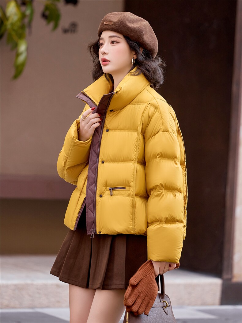 现货黄色撞色羽绒服女2025冬季新款小个子冬装外套150,女装羽绒服,梦懿尔