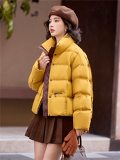 现货黄色撞色羽绒服女2025冬季新款小个子冬装外套150，女装羽绒服，梦懿尔