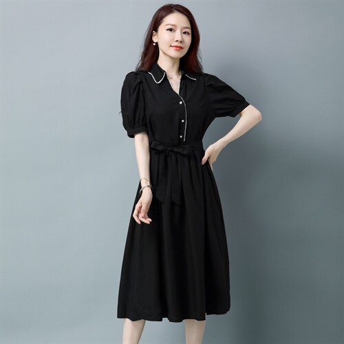 板酷2026夏装新款时尚短袖串珠装饰大摆中长款纯色连衣裙B633，女装连衣裙，板酷