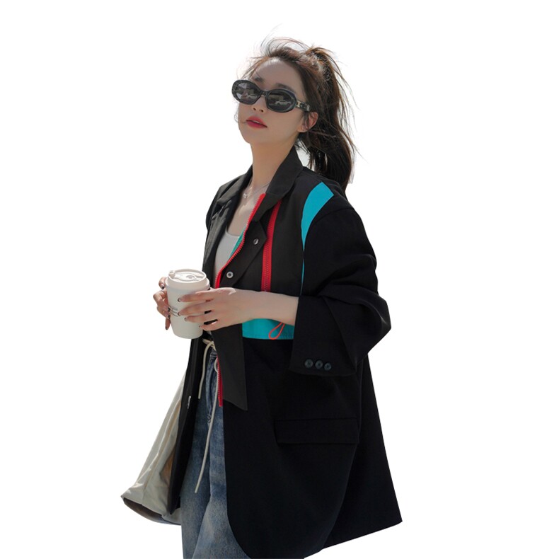 年秋季时尚设计感小众撞色宽松西服黑色休闲减龄外套,女装西装,帛香坊