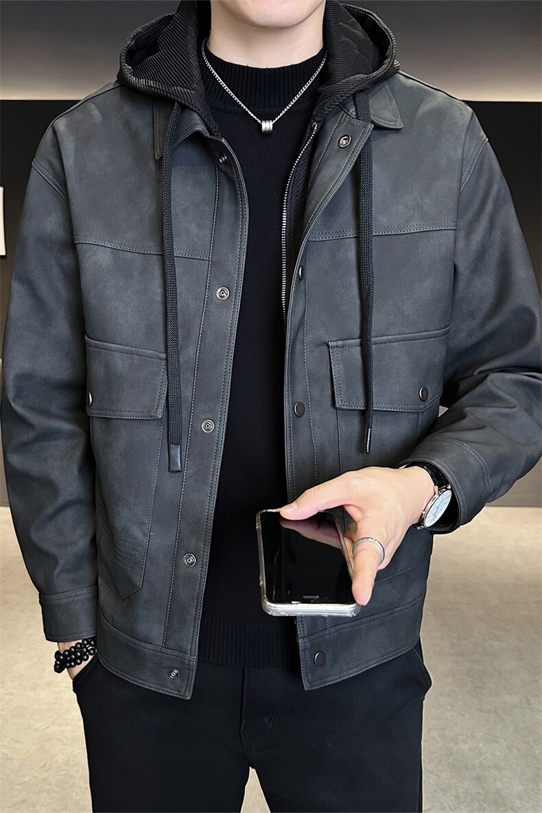 店主风2025秋新款假两件连帽可拆卸皮衣男夹克外套5035-P165,男装皮衣,电商B338