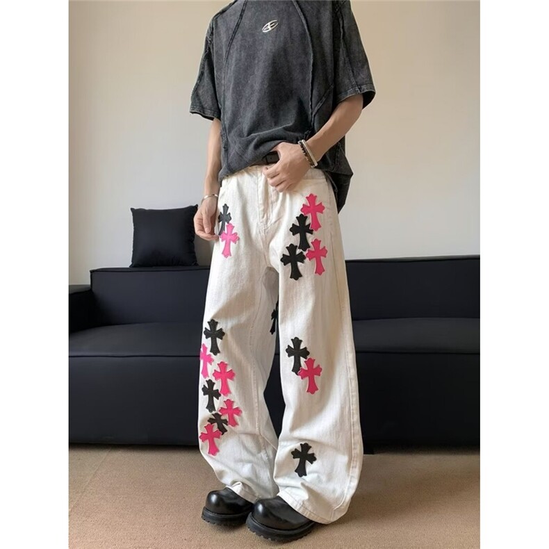 十字架撞色拼皮牛仔裤男女显瘦美式高级感直筒休闲裤AMM7021P66，男装皮裤，星座1013-5