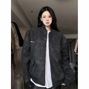 宽松棒球服外套秋冬新款百搭高级感PU皮机车夹克男女JKF223图片
