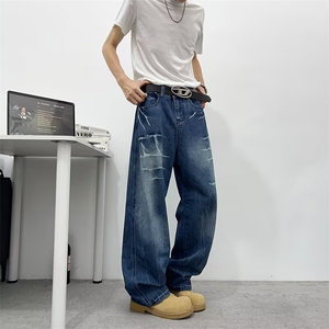 弯刀牛仔裤男夏季宽松阔腿长裤子潮牌1710 P48图片