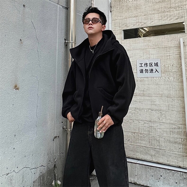 抖音得物高品质25秋冬美式高街宽松结构防风高领连帽卫衣外套W60,男装卫衣,电商A486