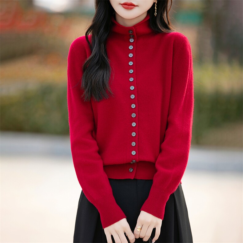 半高领100%纯羊毛开衫女春秋排扣长袖针织毛衣宽松羊绒衫外套上衣,女装羊毛衫,蒙特羊绒