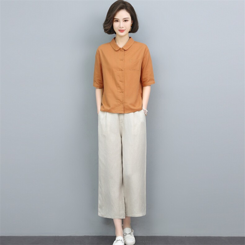 棉麻衬衫女夏季薄款2024年新款复古宽松中年妈妈气质休闲亚麻上衣,女装套装/套裙,璐依舞