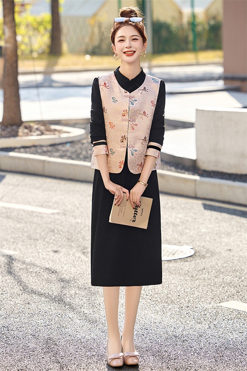新中式提花盘扣马甲连衣裙套装女2025春秋新款国风改良旗袍两件套,女装套装/套裙,英标秀（1C119）