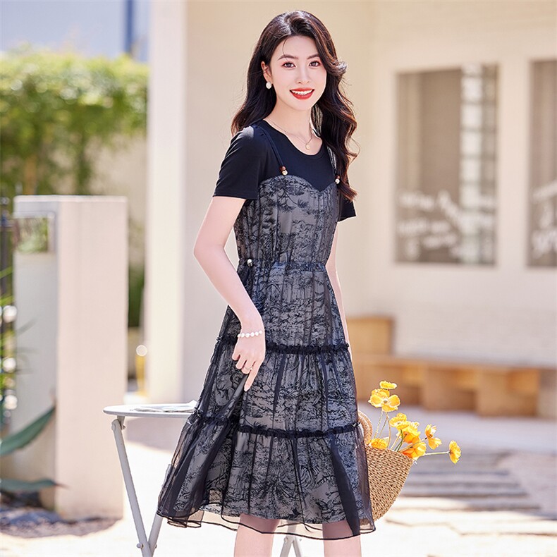 现货！2024夏装新款珍珠肩带假两件连衣裙,女装连衣裙,梦芯尔