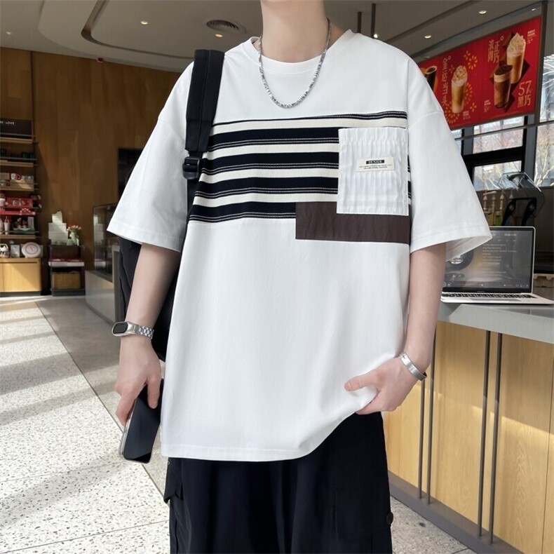 25171-特P40 夏季圆领T恤男短袖打底衫青少年潮牌印花条纹短袖T恤图片