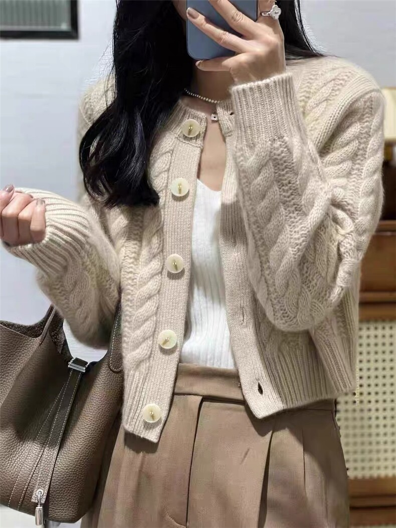 长袖针织开衫女短款显瘦百搭纯色羊毛休闲外套上衣,女装羊毛衫,思途羊绒