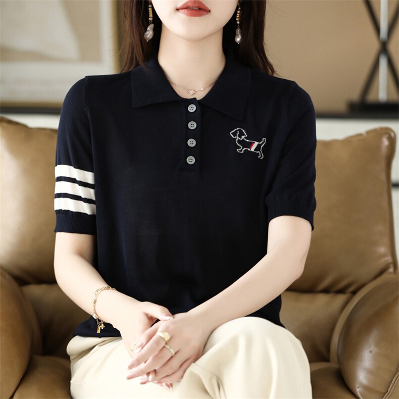 2025春夏新POLO领四粒扣袖口色道短袖女减龄休闲气质百搭亲肤T恤,女装T恤,德尔信羊绒