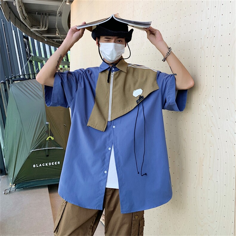 S14-P40夏季宽松型设计感拼接短袖衬衫图片
