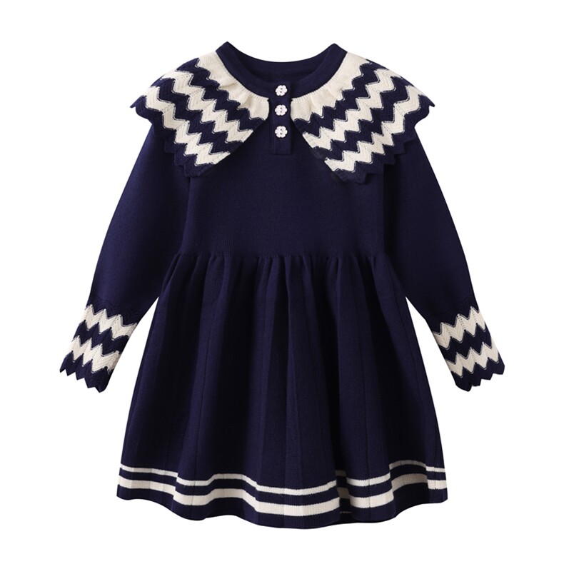 时尚女童长袖连衣裙秋冬新款可爱千鸟格拼接娃娃领毛衣裙，童装连衣裙，伊美侕